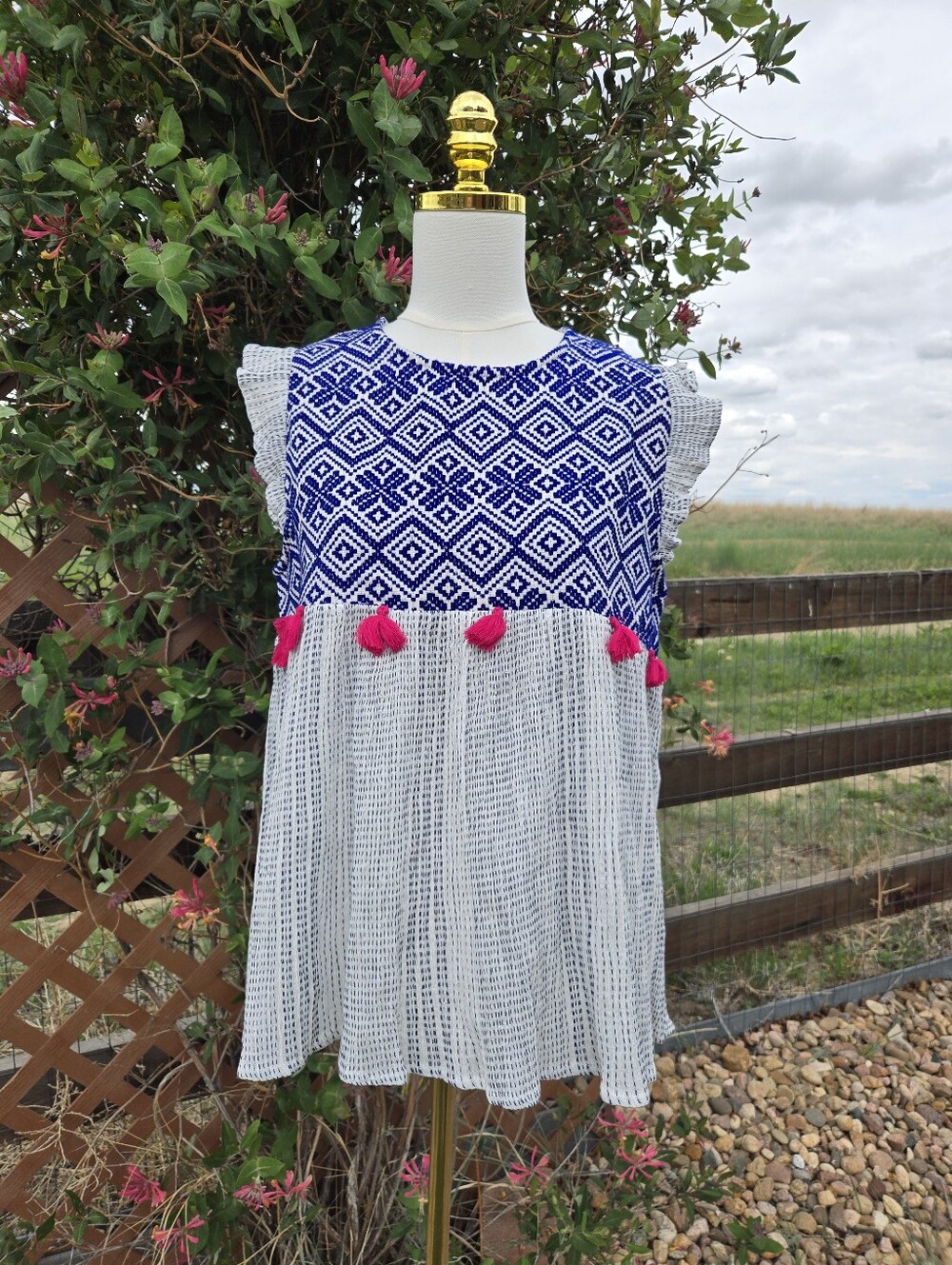NWT THML Blue & White Embroidered Pom-Pom Boho Yoke Top Women's Size Medium